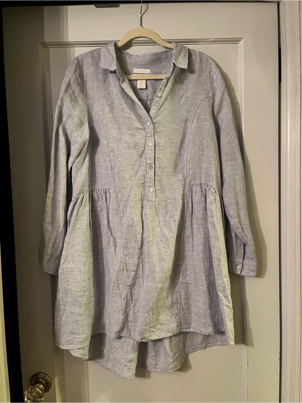 Light Blue Linen Tunic Button-Front Shirt Dress